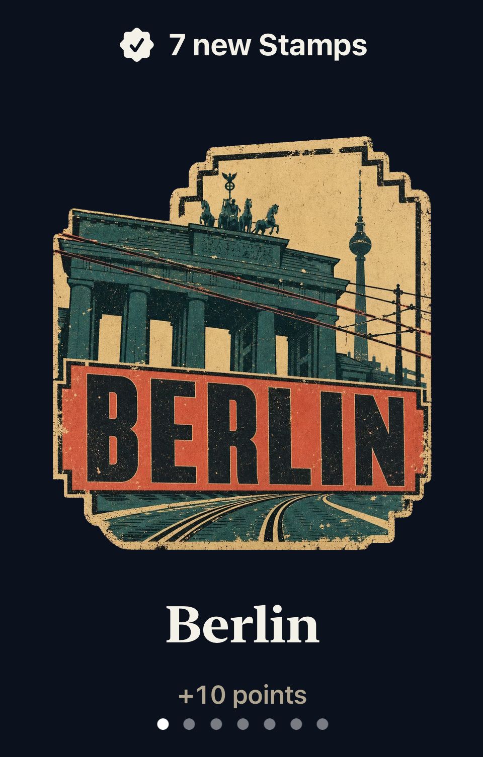 Stamp Stat celebration for seven new Stamps, showing the original Berlin Stamp artwork