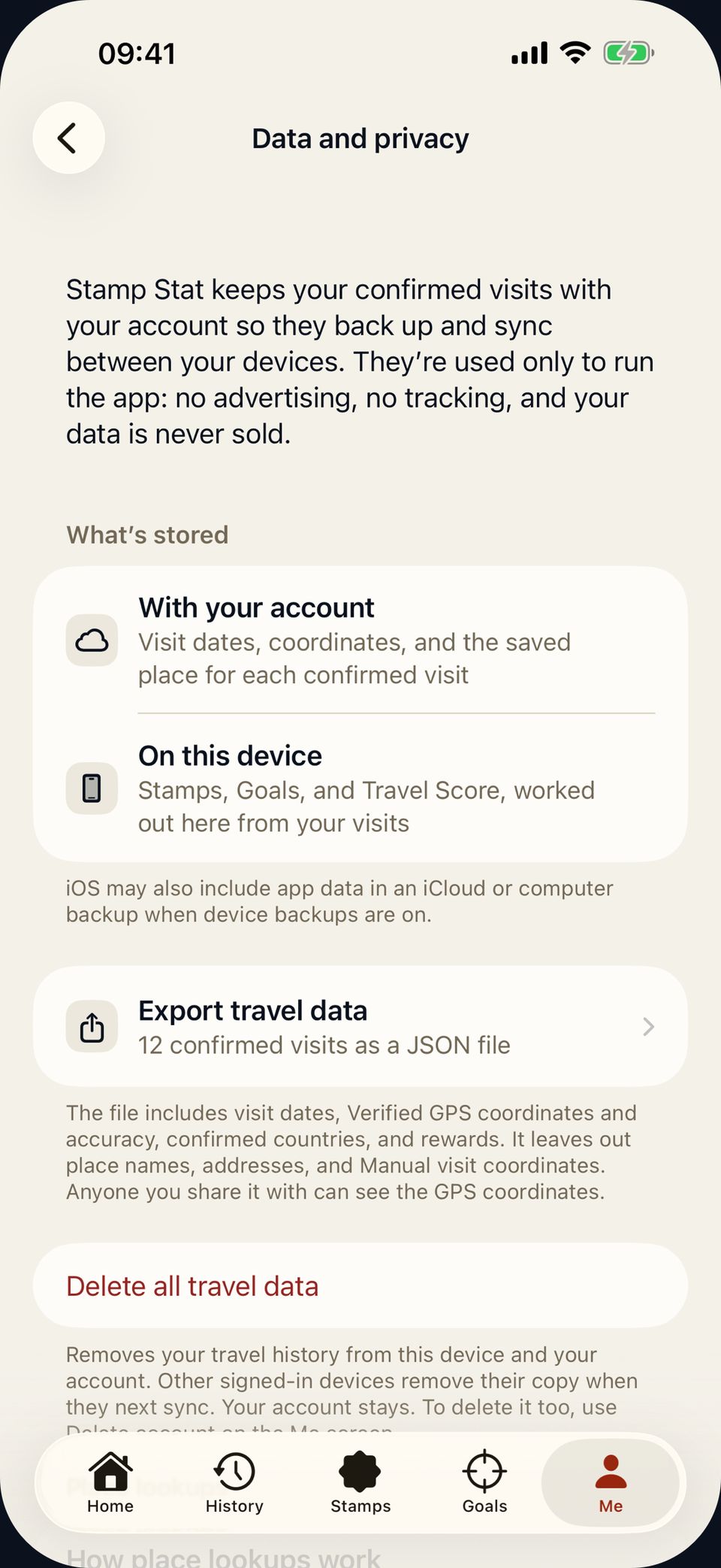 Stamp Stat Data and privacy screen with controls to export or delete travel history