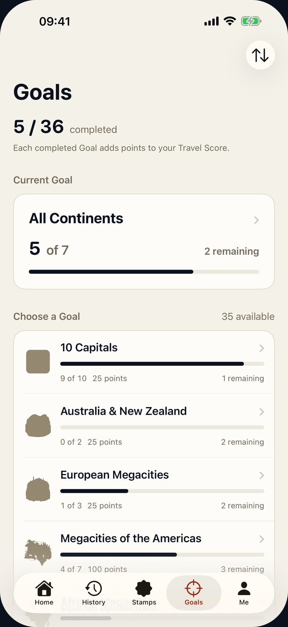 Stamp Stat Goals screen showing progress toward All Continents and other travel milestones