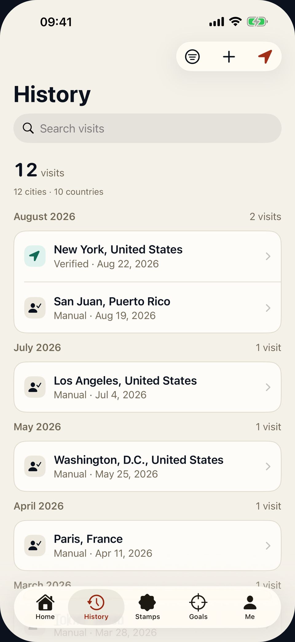 Stamp Stat History screen with Verified and Manual visits arranged by month