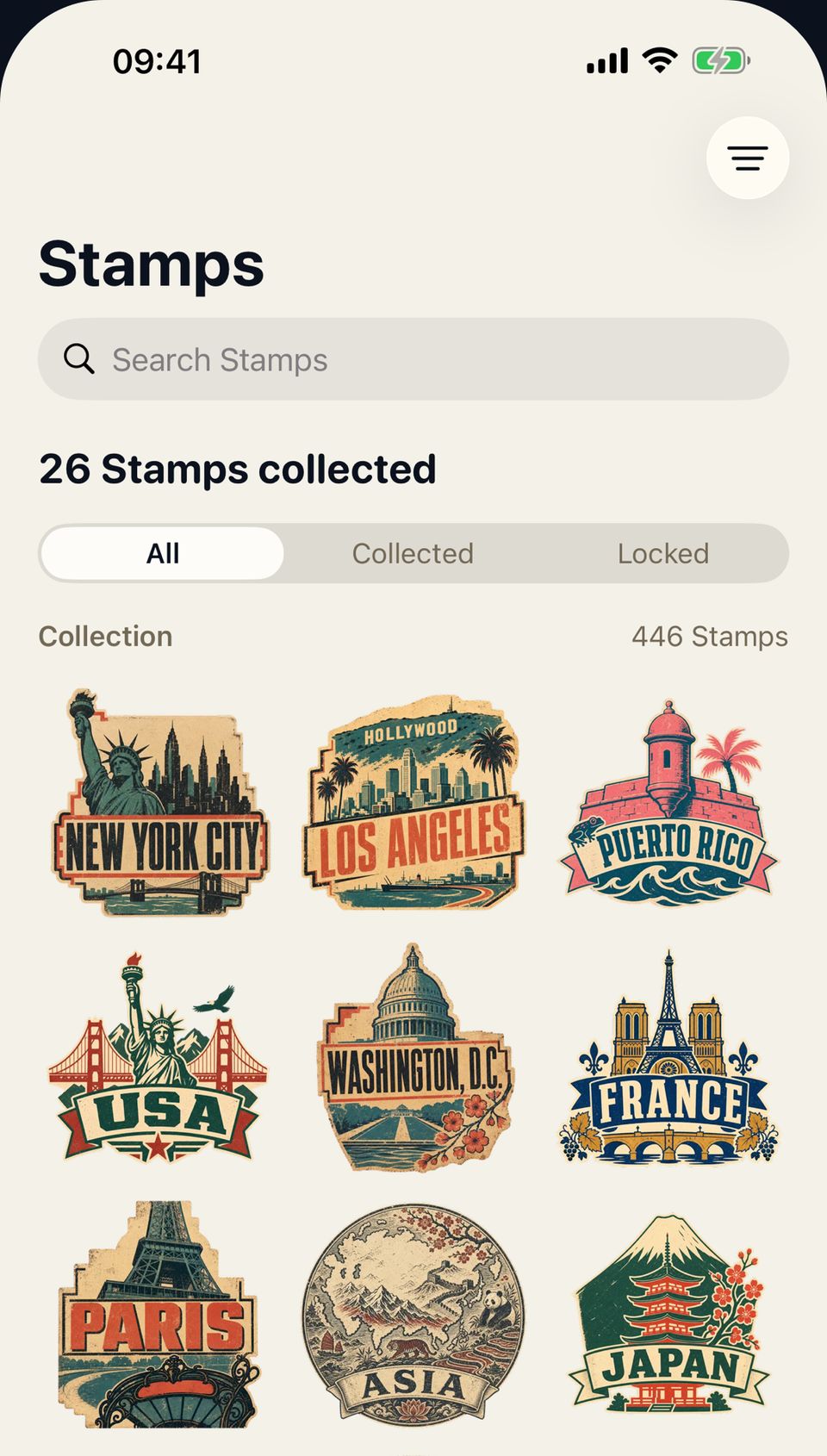 Stamp Stat Stamps screen showing a collection of original artwork for countries and cities
